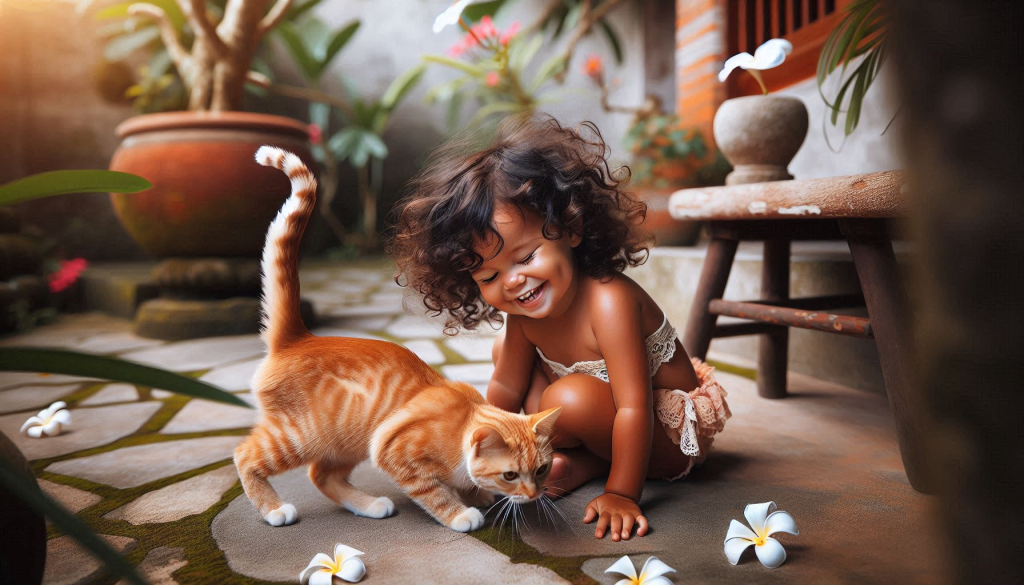 Balinese child with gingger cat. AI generated by Bing.