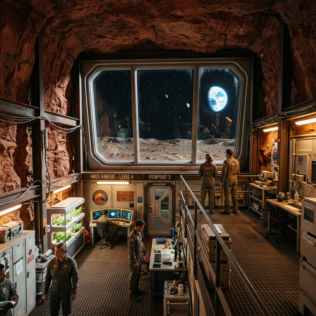 Interior of Mars habitat with astronauts, control stations, plants, and view of Earth and moons outside